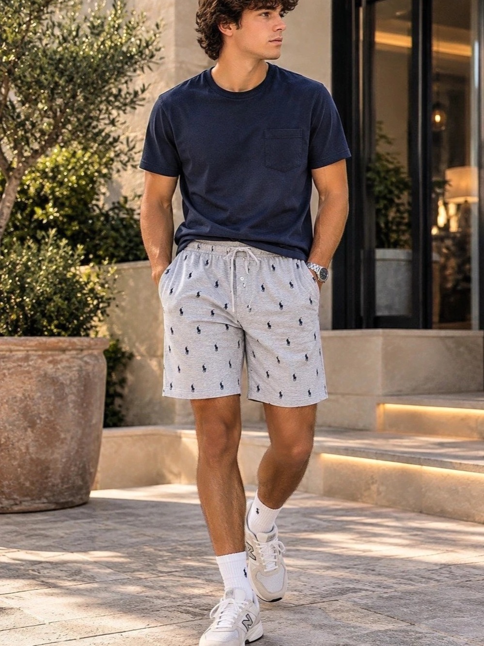 Polo Ralph Lauren Allover Pony Knit Jersey Sleep Shorts in Gray & Blue
